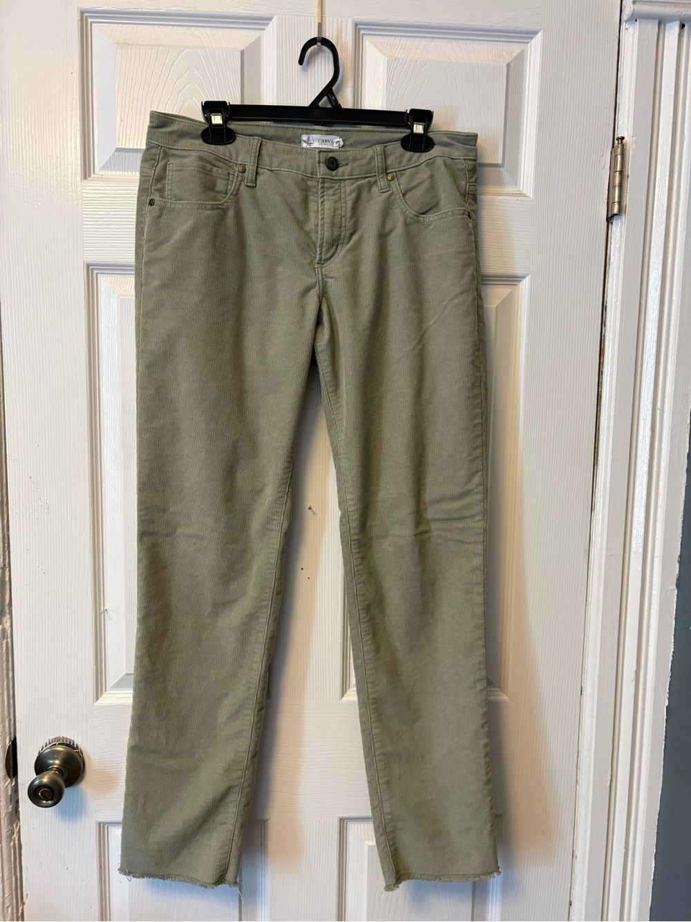 Carve Designs Carson Corduroy Pants Sage Green Raw Hem